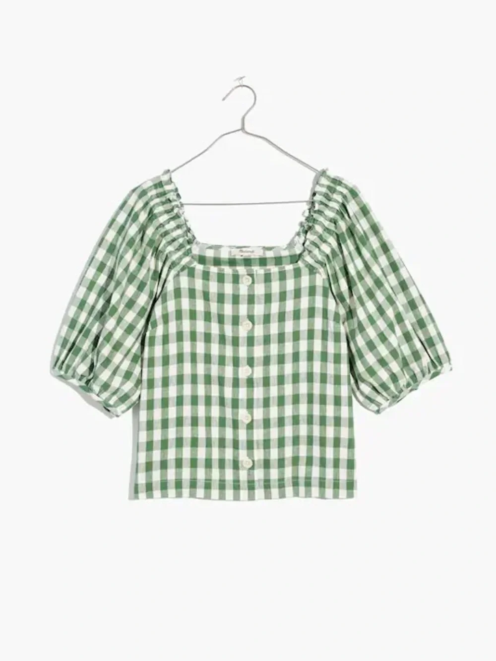 Madewell Green and White Gingham Puff Sleeve Button Front Blouse